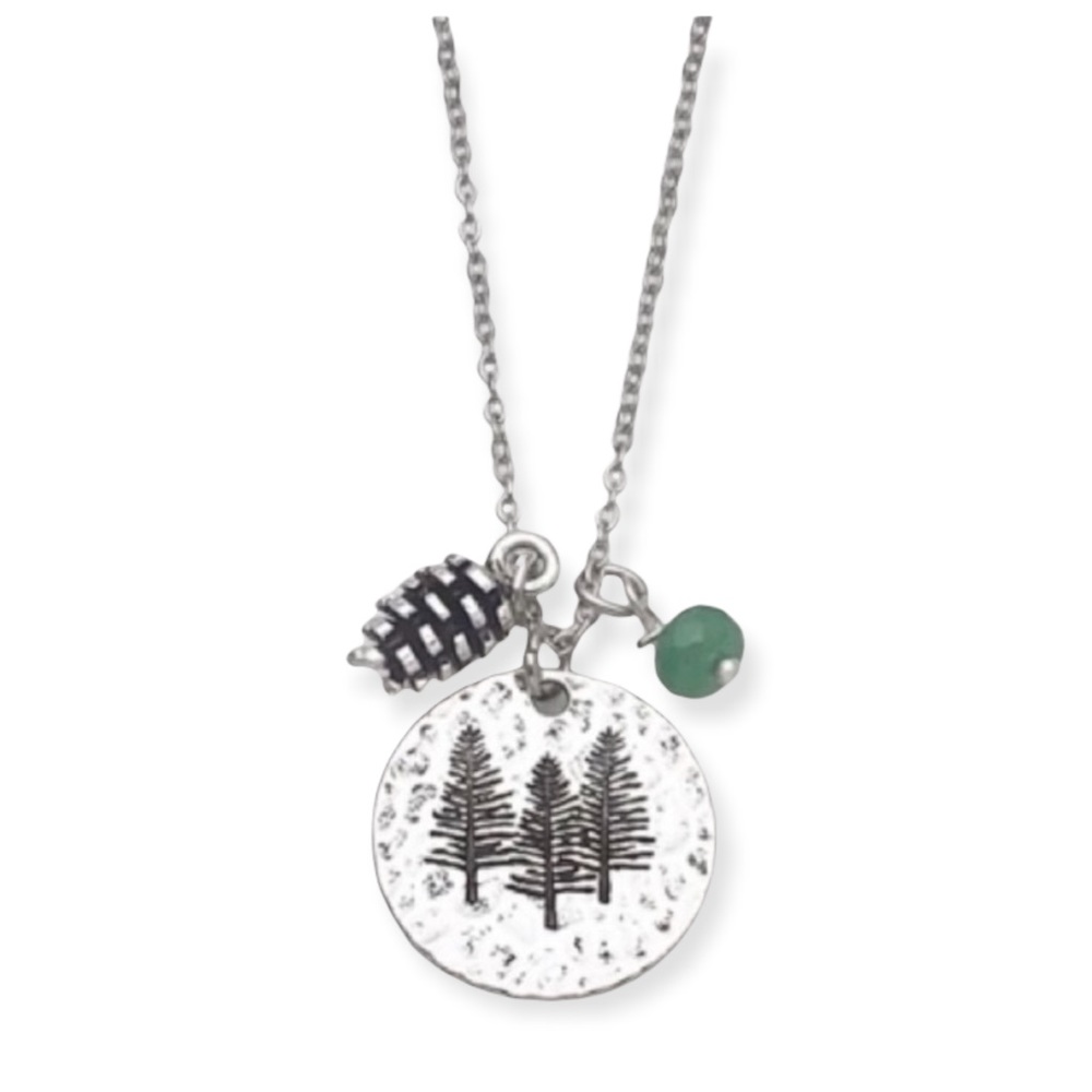 Triple Pine Tree Necklace • Jade Green Bead • Antique Finish Pine Cone
